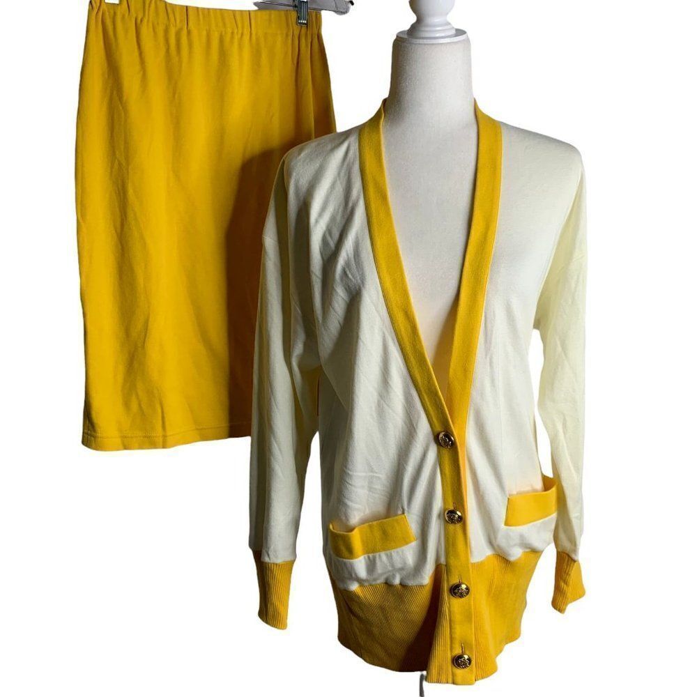 Vintage 80s Bill Blass Cardigan Skirt Set M White Yellow Pockets Buttons Elastic